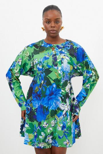 Multi Plus Size Floral Jungle Jersey Crepe Batwing Mini Dress