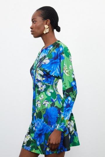 Multi Floral Jungle Jersey Crepe Batwing Sleeve Mini Dress