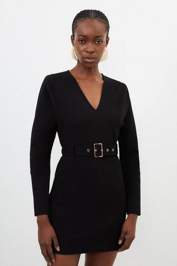 Black V Neck Belted Ponte Jersey Mini Dress