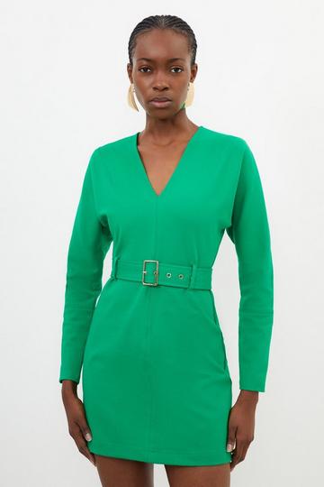 Green V Neck Belted Ponte Jersey Mini Dress