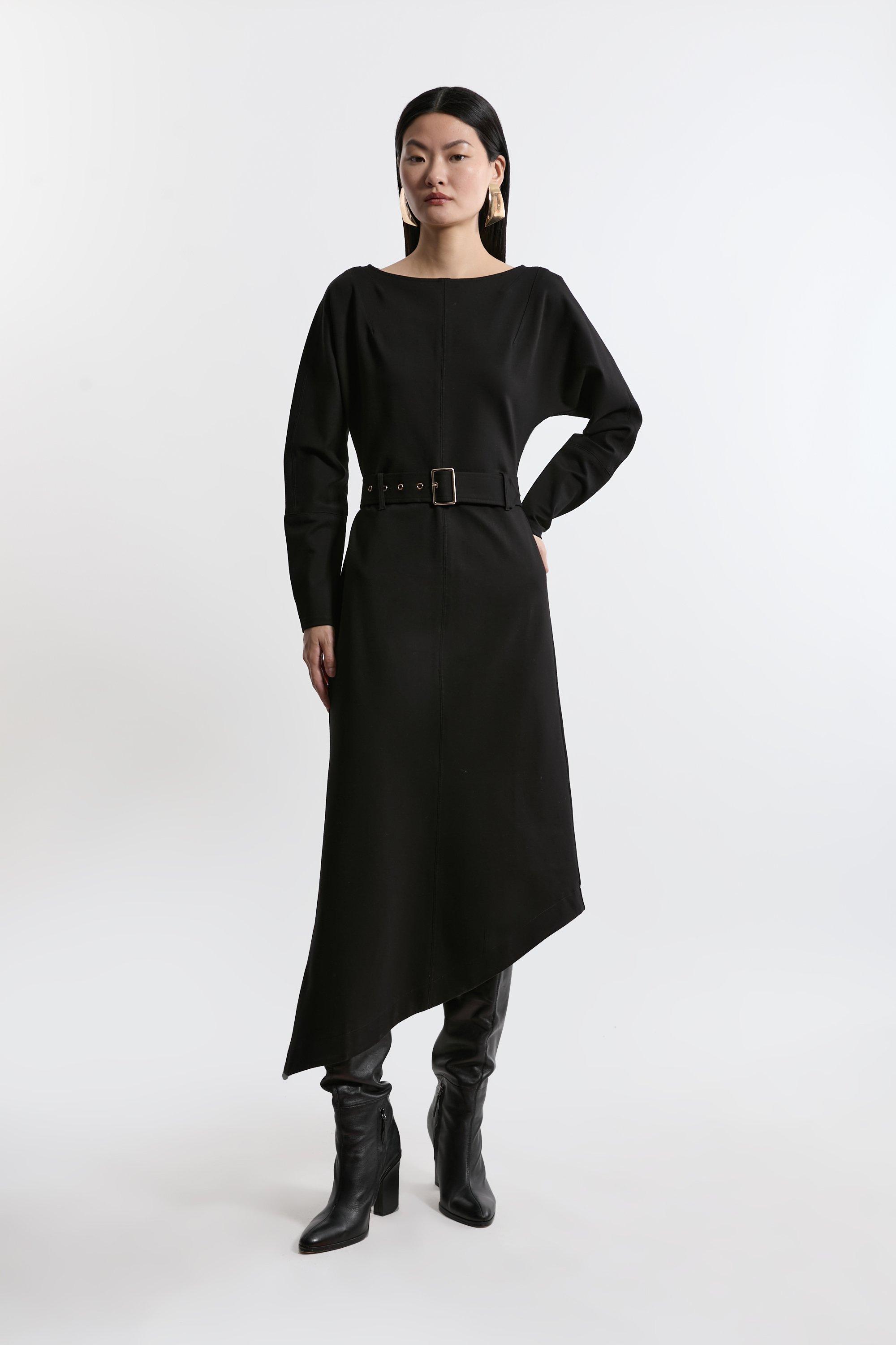 Waterfall Hem Belted Ponte Jersey Maxi Dress - Black