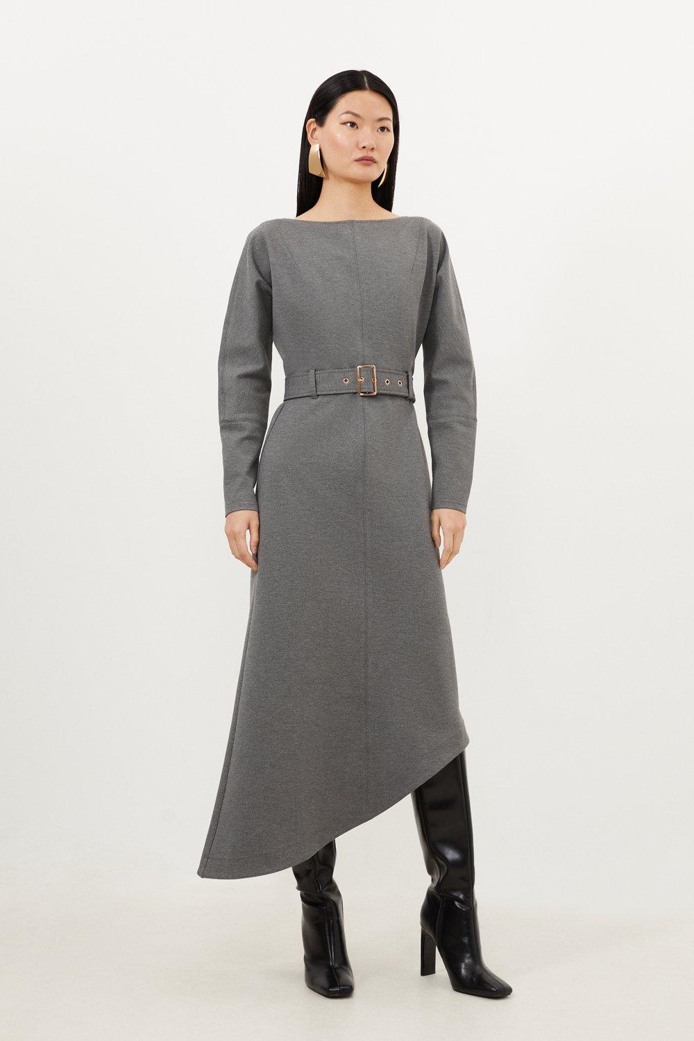 Waterfall Hem Belted Ponte Jersey Maxi Dress - Charcoal