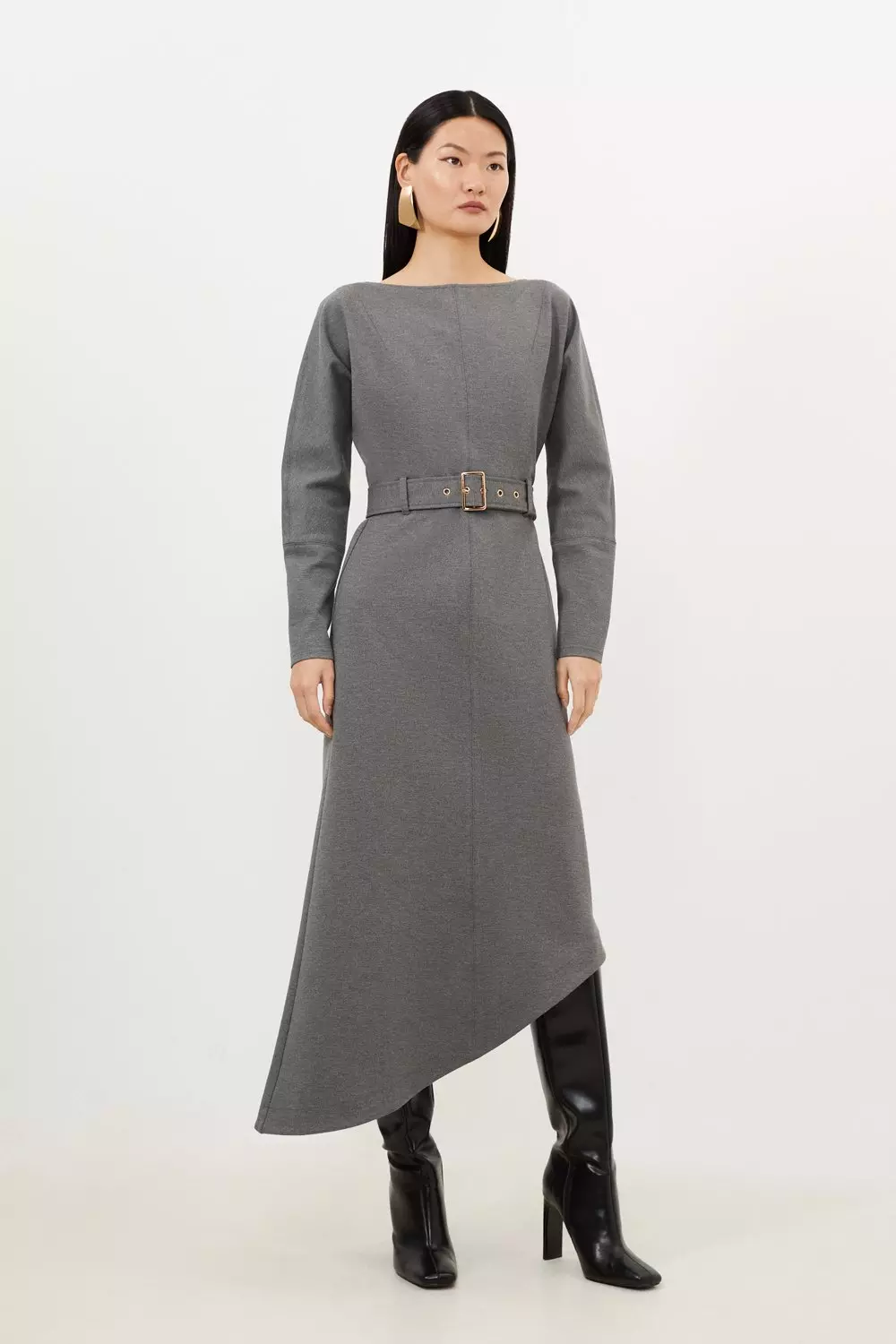 Waterfall Hem Belted Ponte Jersey Maxi Dress