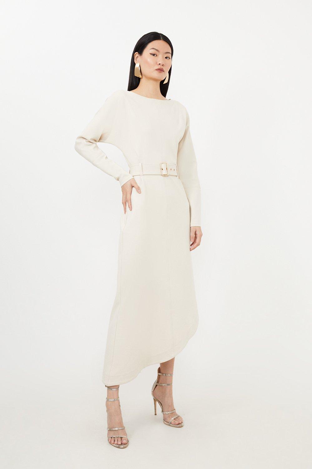 Waterfall Hem Belted Ponte Jersey Maxi Dress - Cream