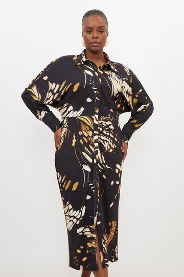 Black Plus Size Butterfly Print Jersey Crepe Maxi Shirt Dress