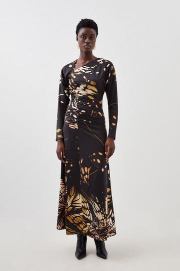 Butterfly Print Asymmetric Jersey Crepe Maxi Dress black