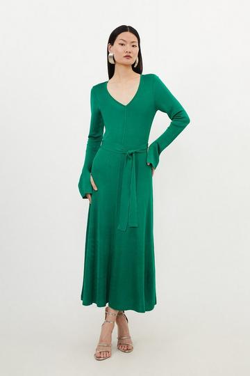 Viscose Blend Slinky Knit Belted Full Skirt Midaxi Dress green