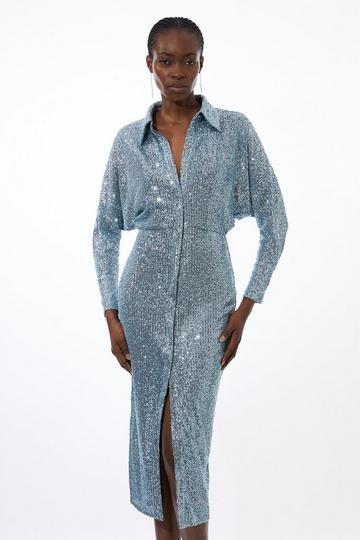 Blue Tall Stretch Jersey Sequin Shirt Maxi Dress