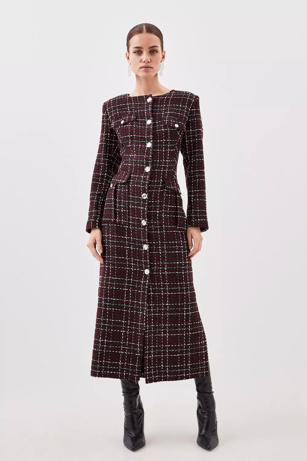 Petite Tailored Boucle Pocket Detail Long Sleeve Midi Dress