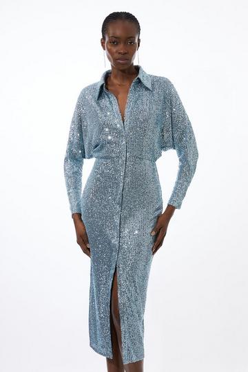 Blue Stretch Jersey Sequin Shirt Maxi Dress