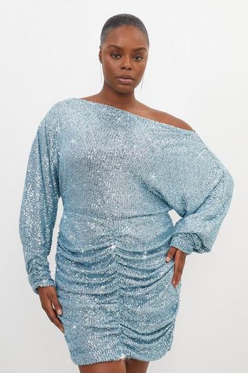 Blue Plus Size Stretch Jersey Sequin Mini Dress