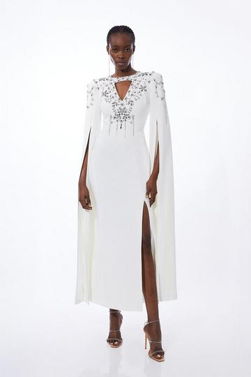 Crystal Embellished Cady Woven Cape Maxi Dress ivory