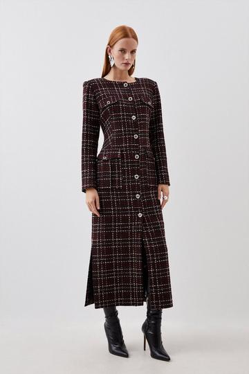 Tailored Check Boucle Pocket Detail Long Sleeve Midi Dress merlot
