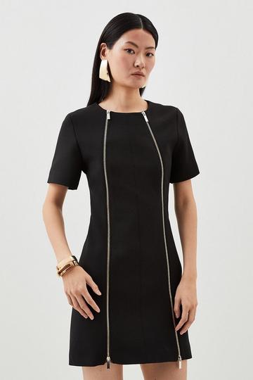 Black Compact Stretch Zip Detail Tailored Mini Dress