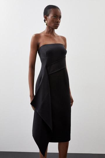Black Polished Viscose Bandeau Drape Waist Midi Dress
