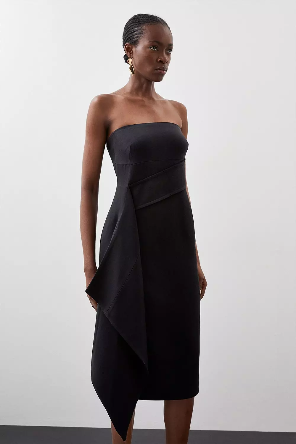 Polished Viscose Bandeau Drape Waist Midi Dress