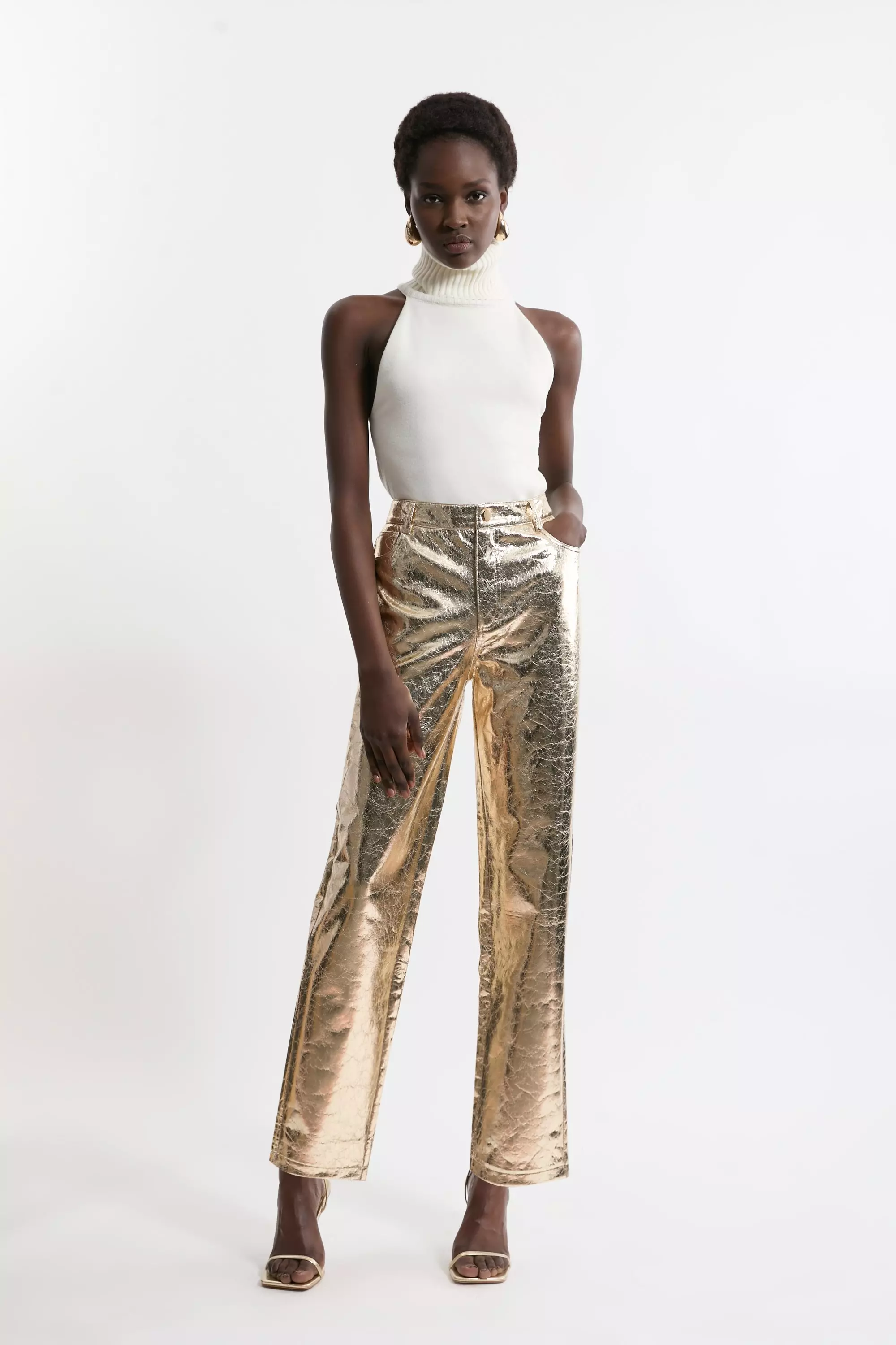 Leather Belted High Waisted Wide Leg Pants | Karen Millen