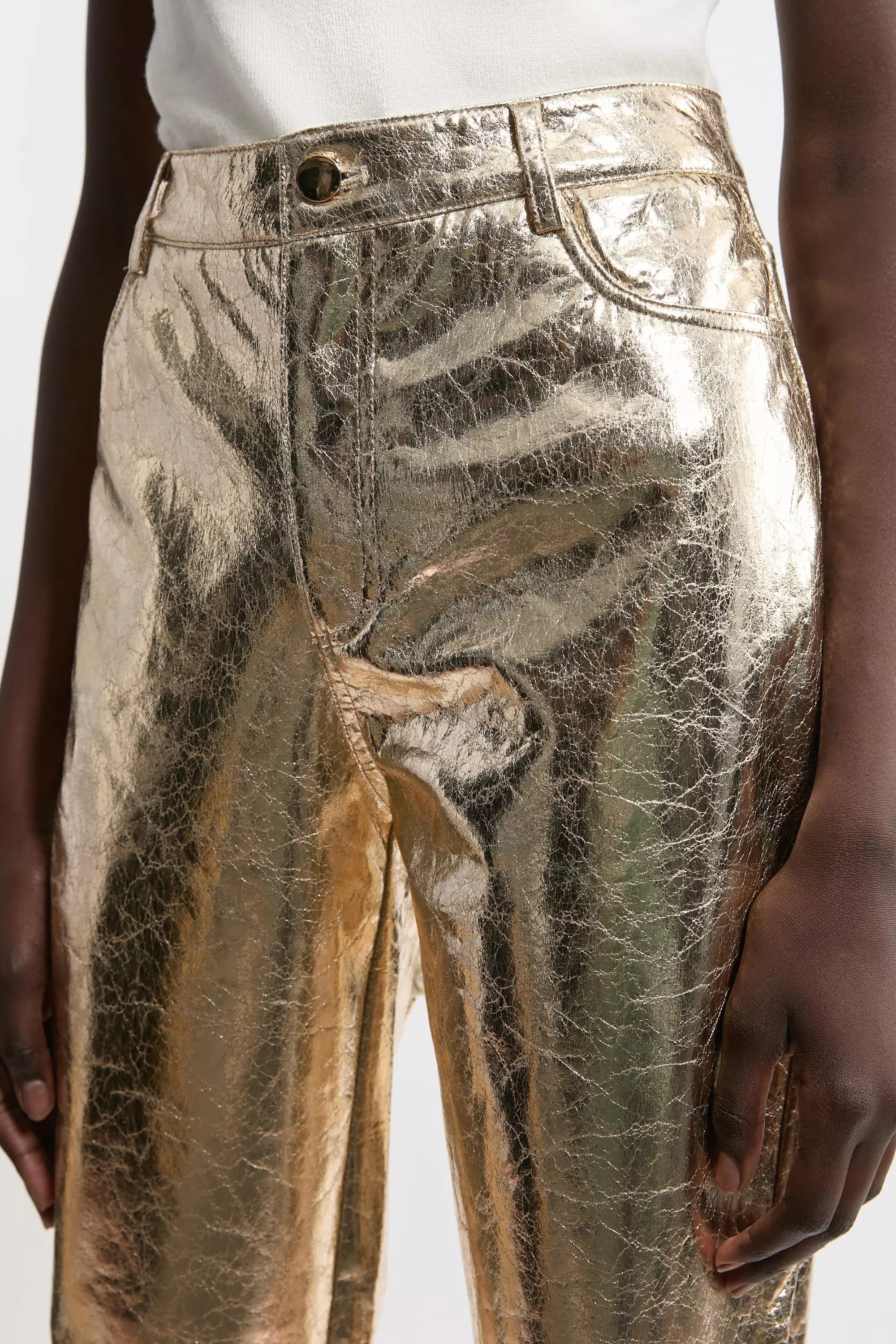 Gold Metallic Pu Straight Leg Tailored Pants