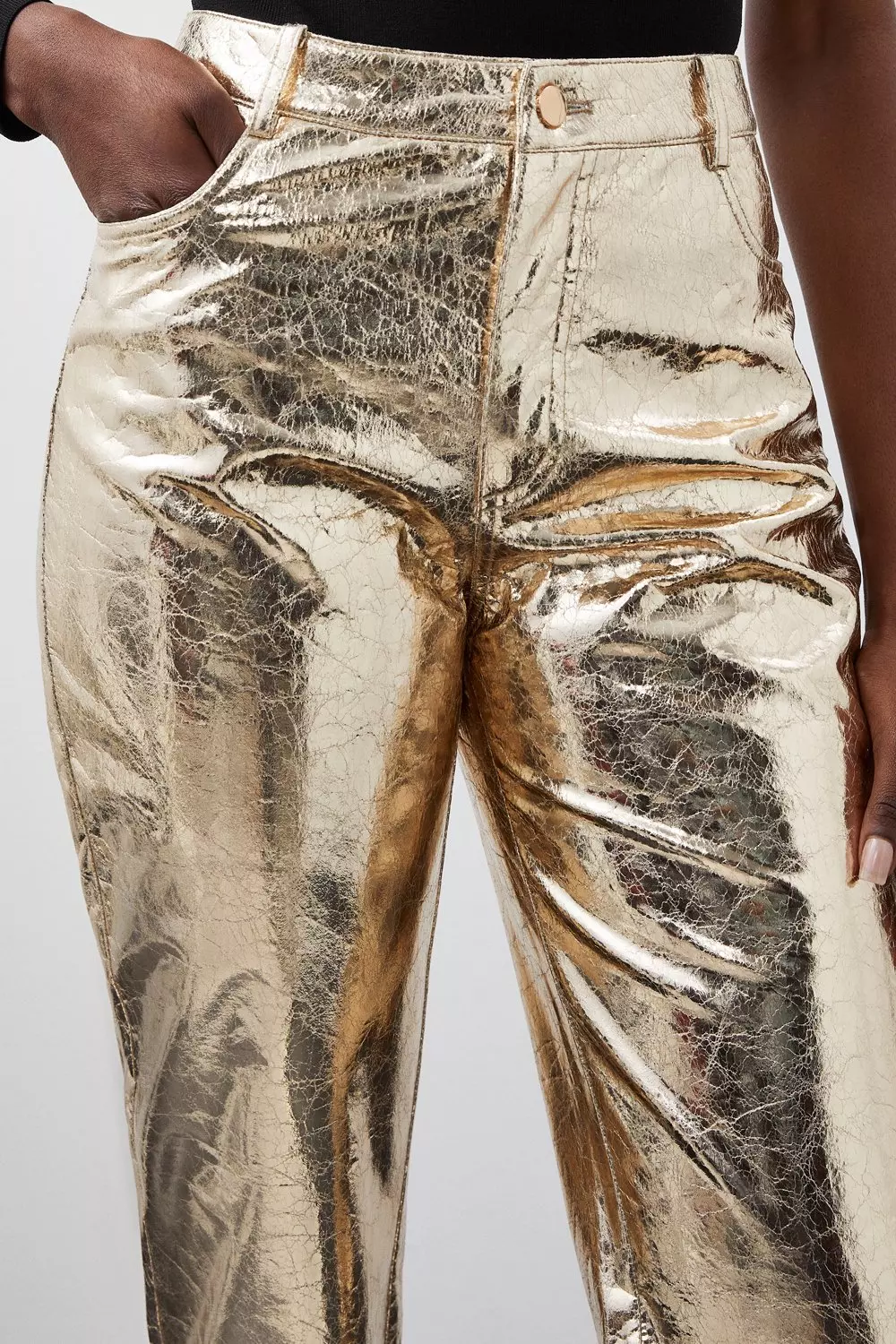 Metallic Faux Leather Straight Trousers | Karen Millen