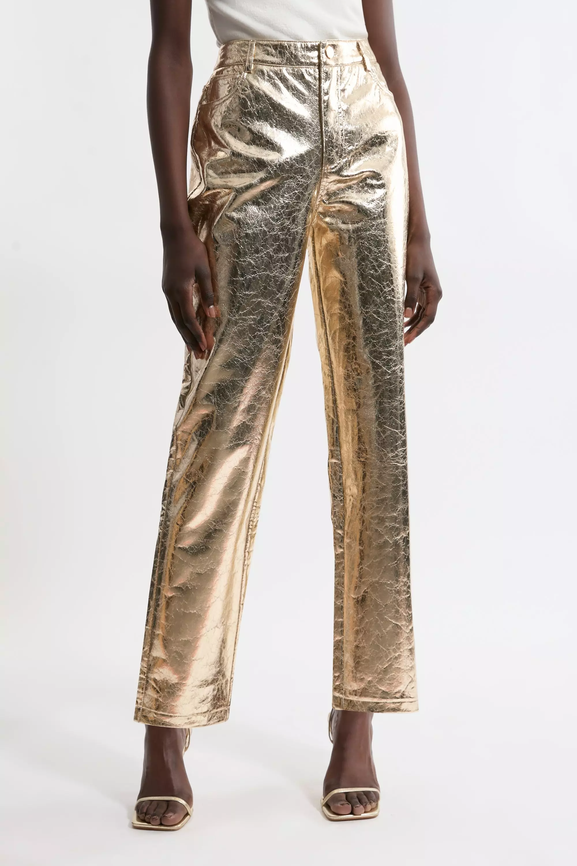 Metallic Faux Leather Straight Trousers | Karen Millen