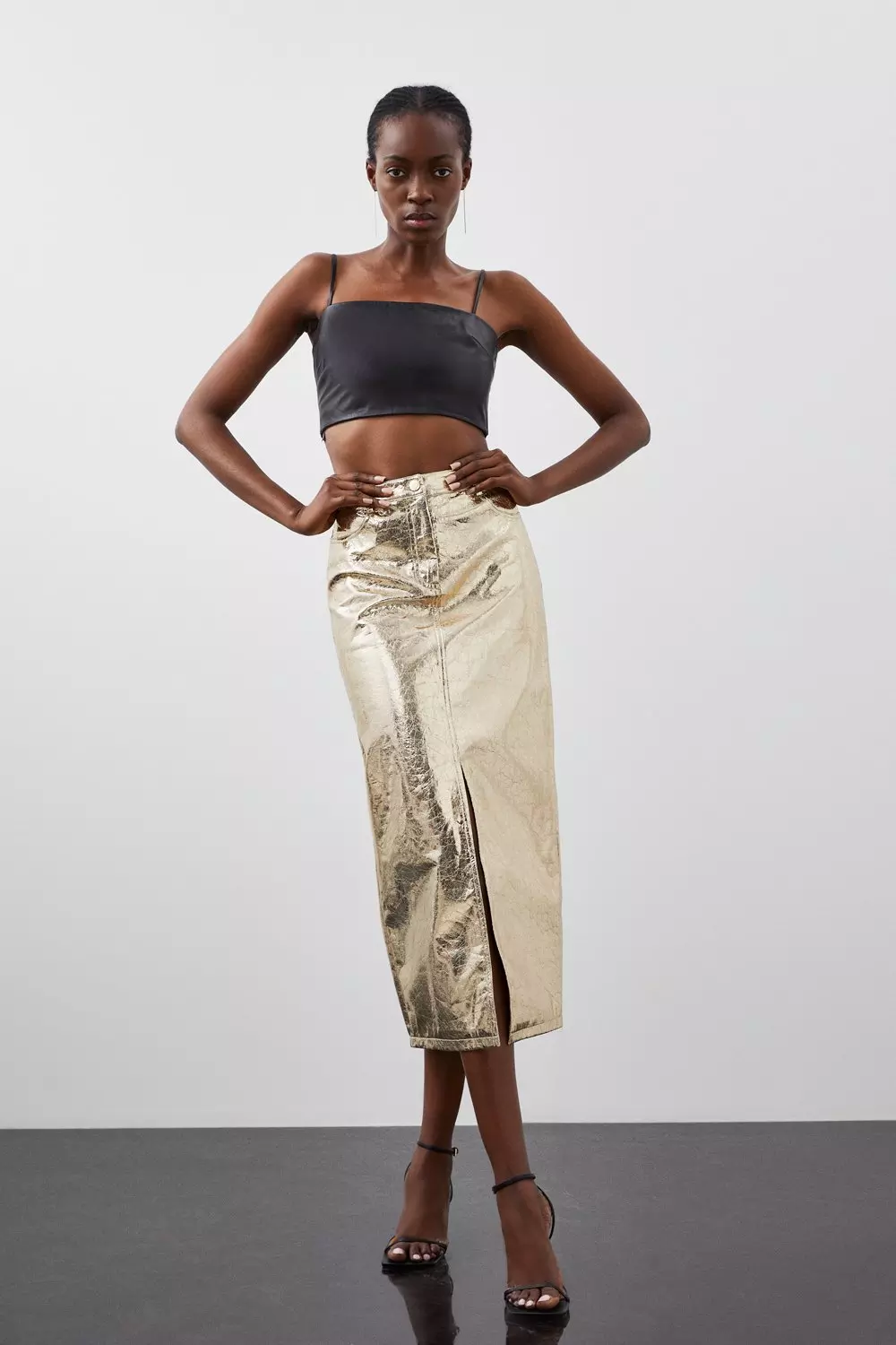 Metallic Faux Leather Midi Skirt | Karen Millen