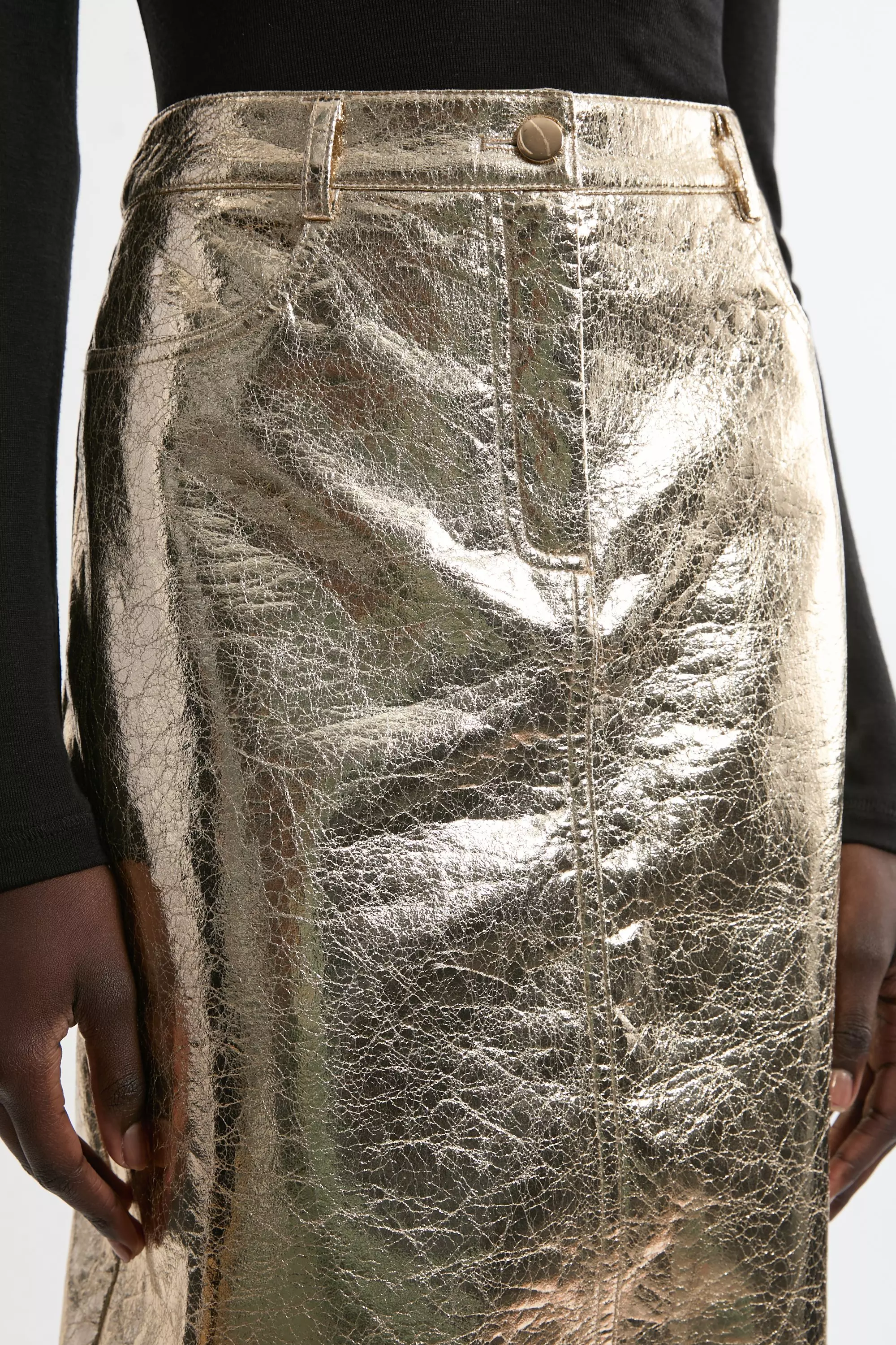 Metallic leather 2025 midi skirt