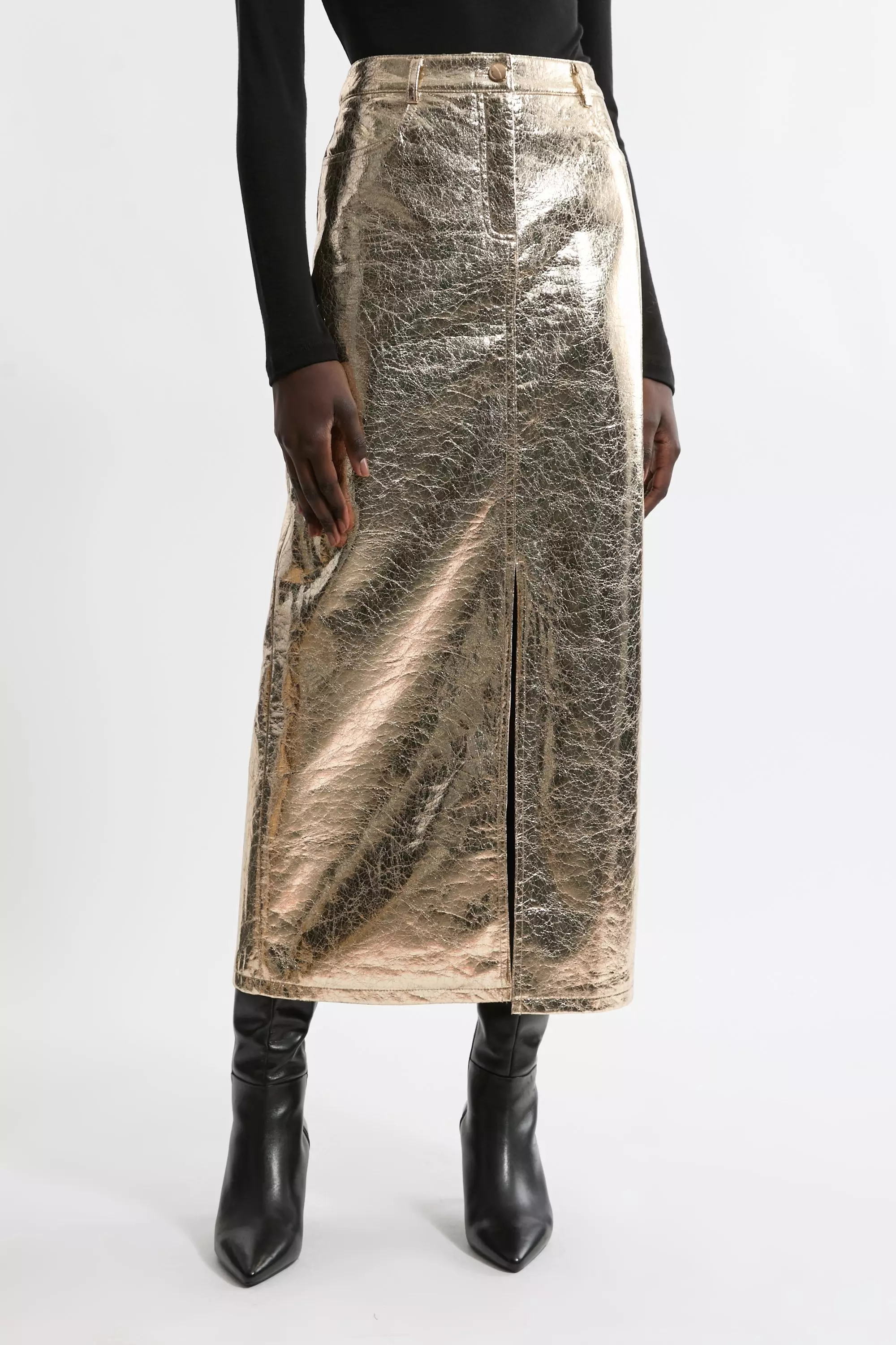 Metallic Faux Leather Midi Skirt