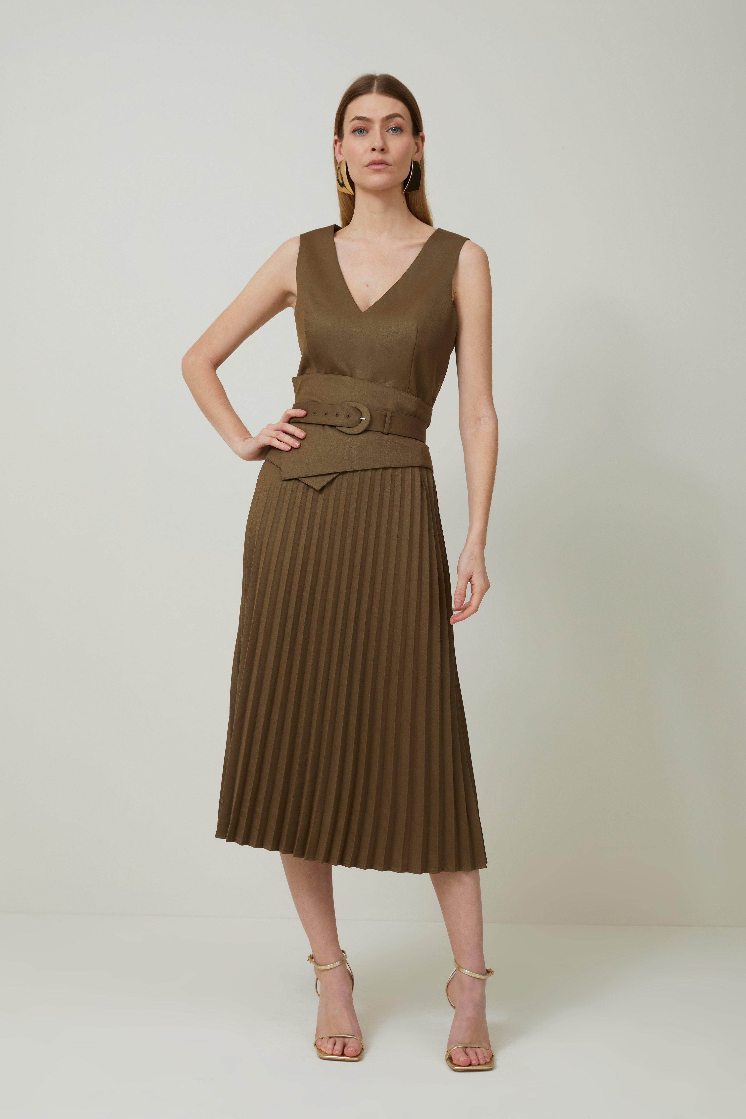 Pleat front belted tailored midi clearance dress