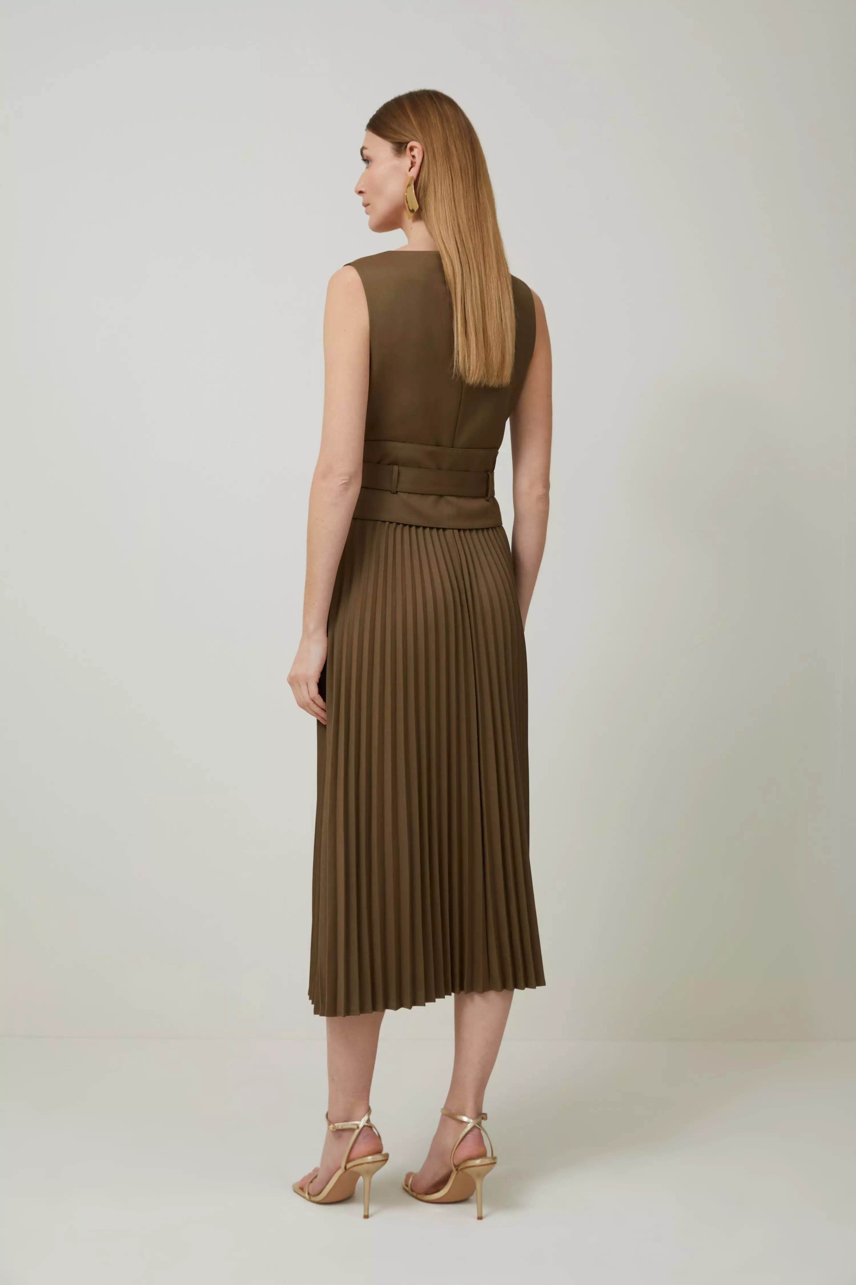 Pleat front belted outlet tailored midi dress