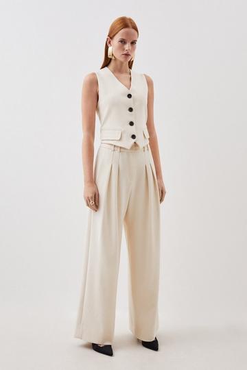Compact Stretch Tailored Pleated Straight Leg Trousers cream