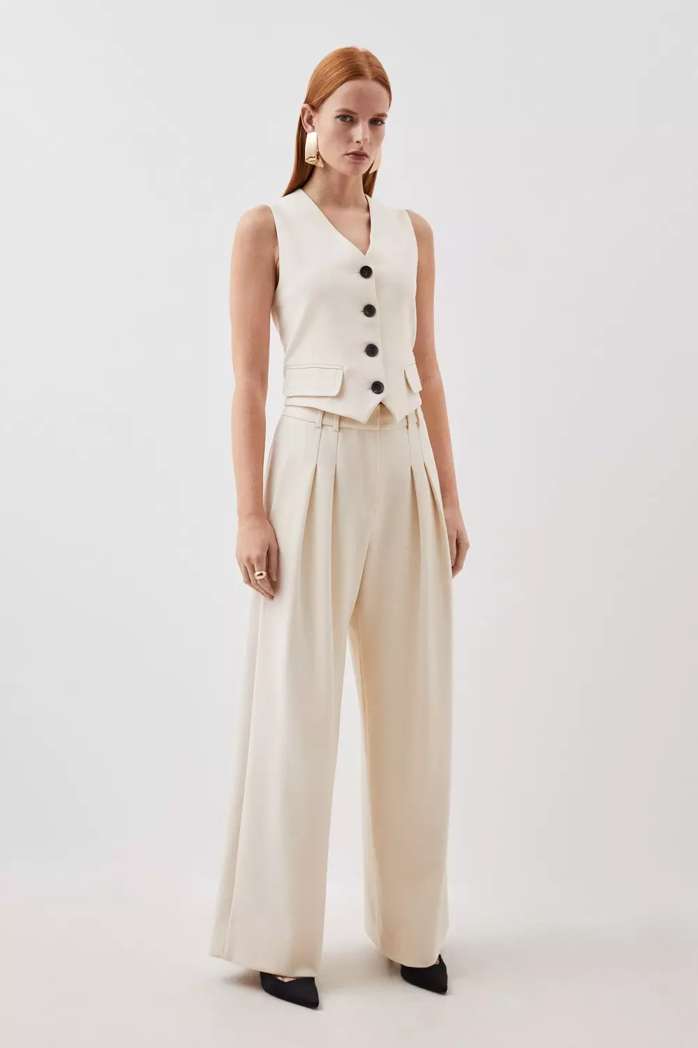 Beige stretch high waisted pleated Trousers