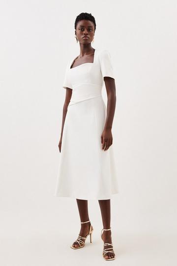 Structured Crepe Asymmetric Detail Full Skirt Tailored Dress ivory