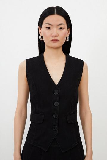 Denim Contrast Stitch Detail Button Through Waistcoat black