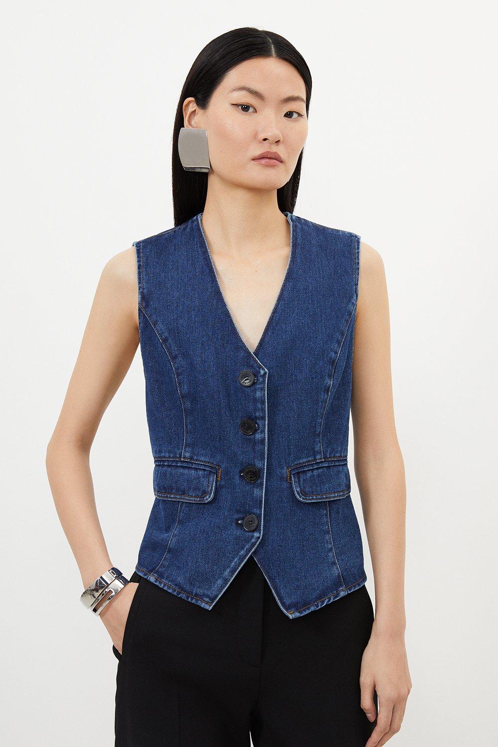 Denim Button Through Waistcoat - Mid Blue