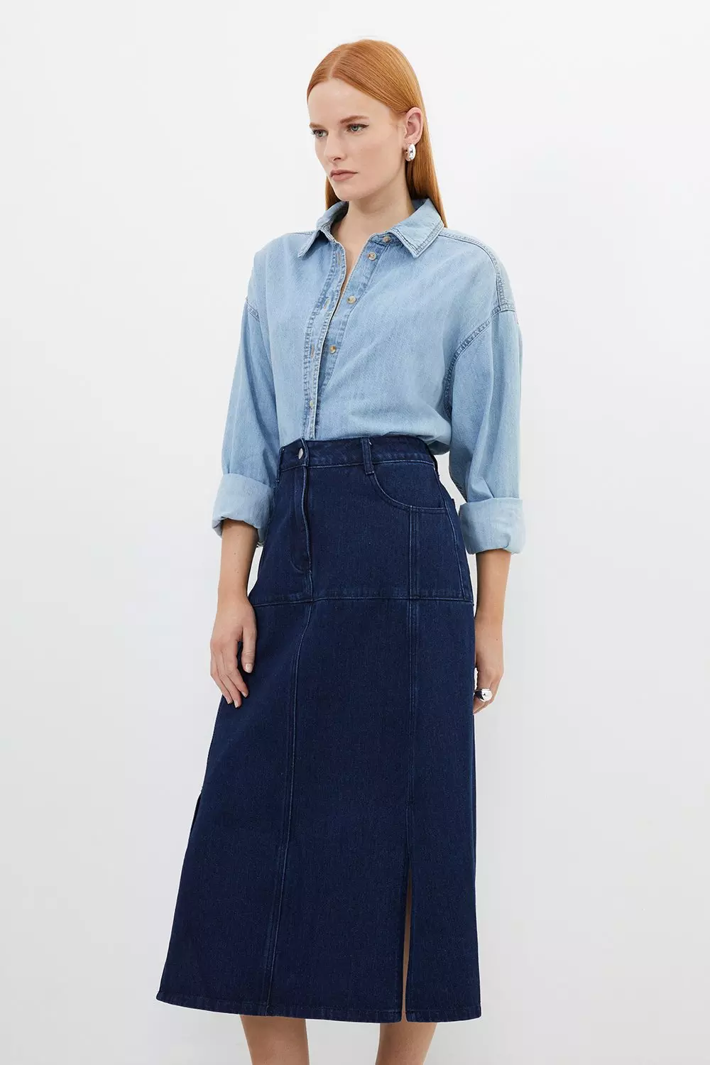 Denim Panel Seam Midi Skirt