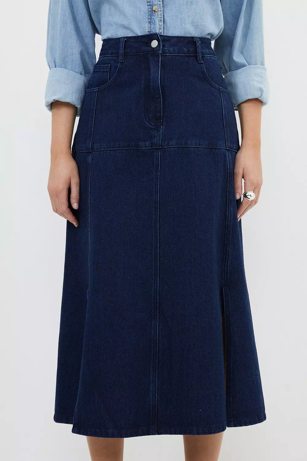 Karen millen coated denim midi outlet skirt