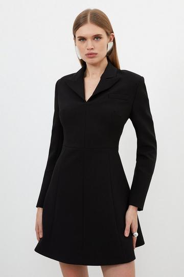 Black Compact Stretch Tailored Full Skirt Mini Blazer Dress