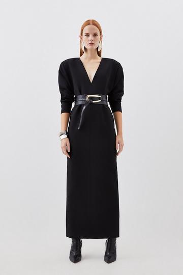 Black Compact Stretch Tailored Ruched Sleeve Maxi Dress