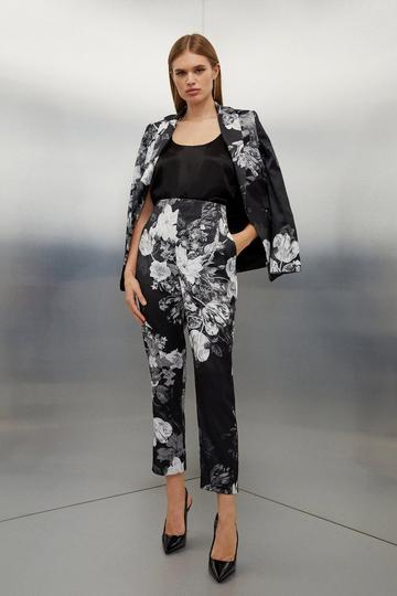 Italian Structured Satin Floral Bloom Printed Pants mono