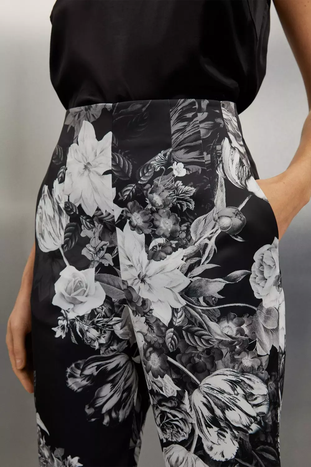 Italian Structured Satin Floral Bloom Printed Trousers | Karen Millen