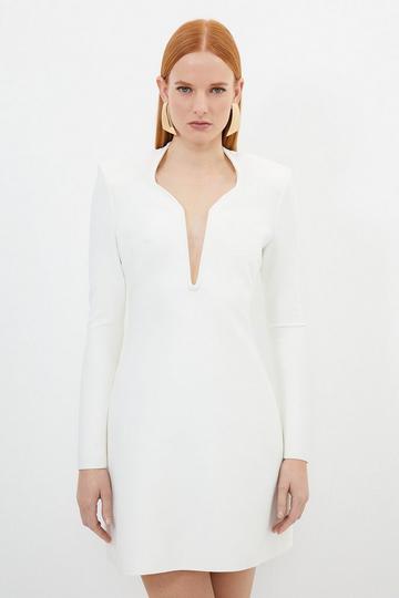Cream White Figure Form Bandage Plunge Neck Knit Mini Dress