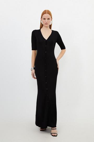 Black Viscose Blend Slinky Sheer Knit Button Front Midaxi Dress