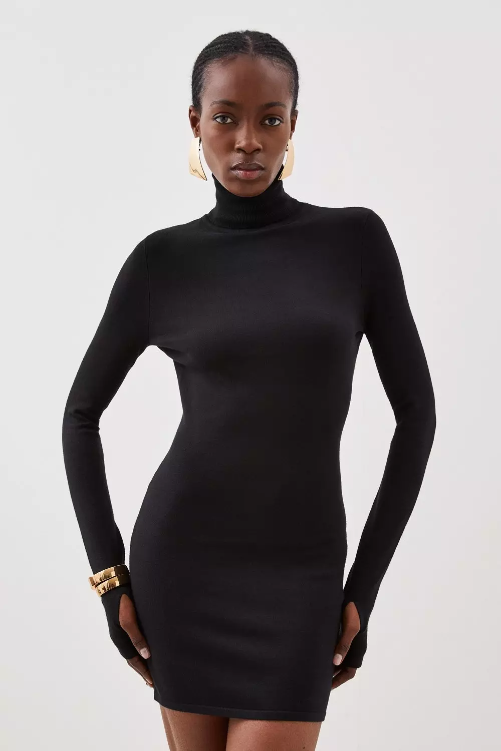 Basic Black Long Sleeve Thumb Hole Bodycon Dress