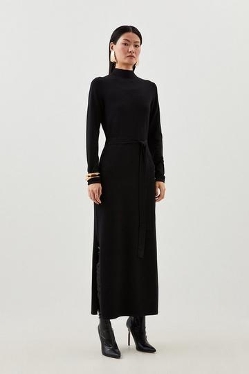 Black Viscose Blend Belted Knit Midaxi Dress