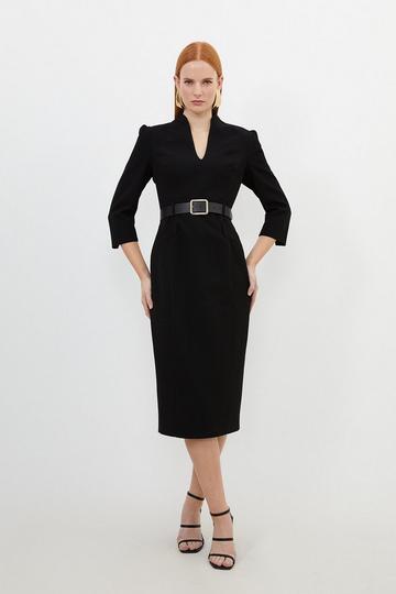 Black Tailored Structured Crepe High Neck Belted Pencil Dress