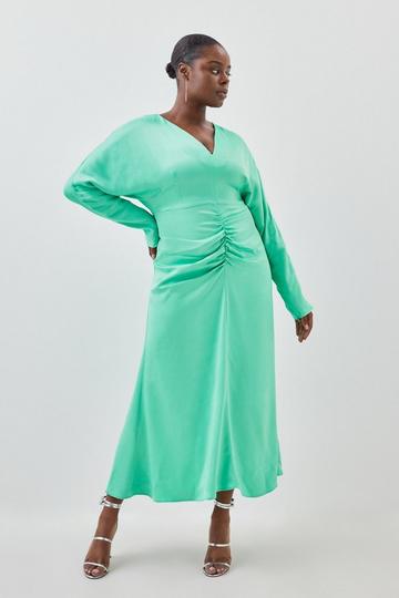 Green Plus Size Viscose Satin Batwing Long Sleeve Midi Dress