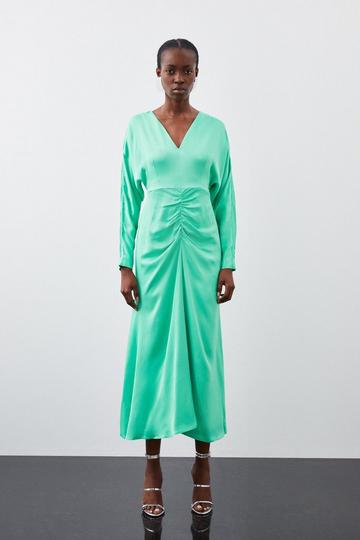 Green Viscose Satin Batwing Long Sleeve Midi Dress
