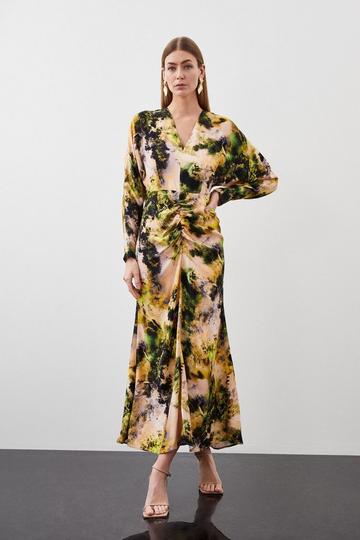 Abstract Print Viscose Satin Batwing Long Sleeve Midi Dress multi