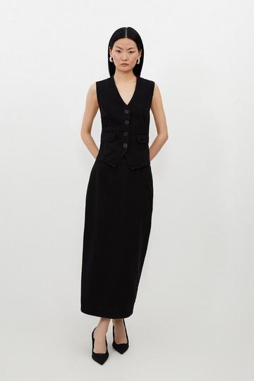 Black Corset Waist Denim Midi Skirt