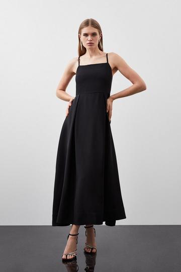 Polished Viscose Tailored Full Skirt Midi Dress black